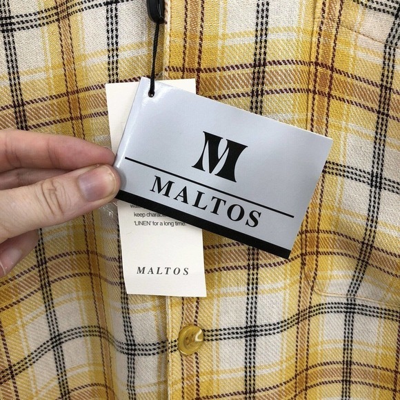 Maltos Men’s Button Up Shirt Size L Plaid Linen Rayon Blend Short Sleeve Yellow - Picture 8 of 12